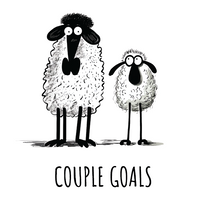 "Couple Goals" - šaljivi prikaz para ovaca, crno-bijela ilustracija.