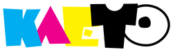 Logo brenda Kaeto s raznobojnim slovima i stiliziranom majicom kao dijelom slova 'O'.